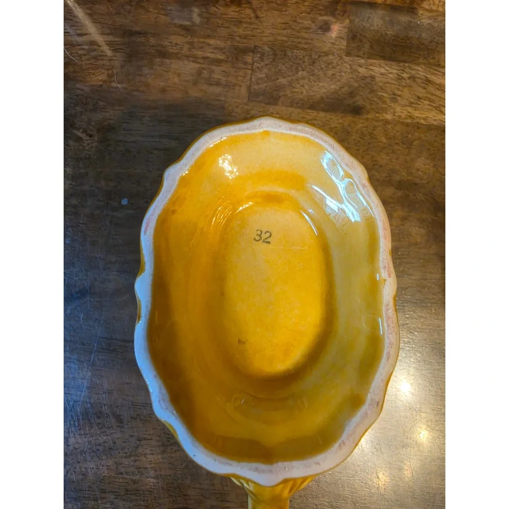 Vintage Yellow Ceramic Gravy Boat with Brown Scalloped Rim Pedestal Base 32